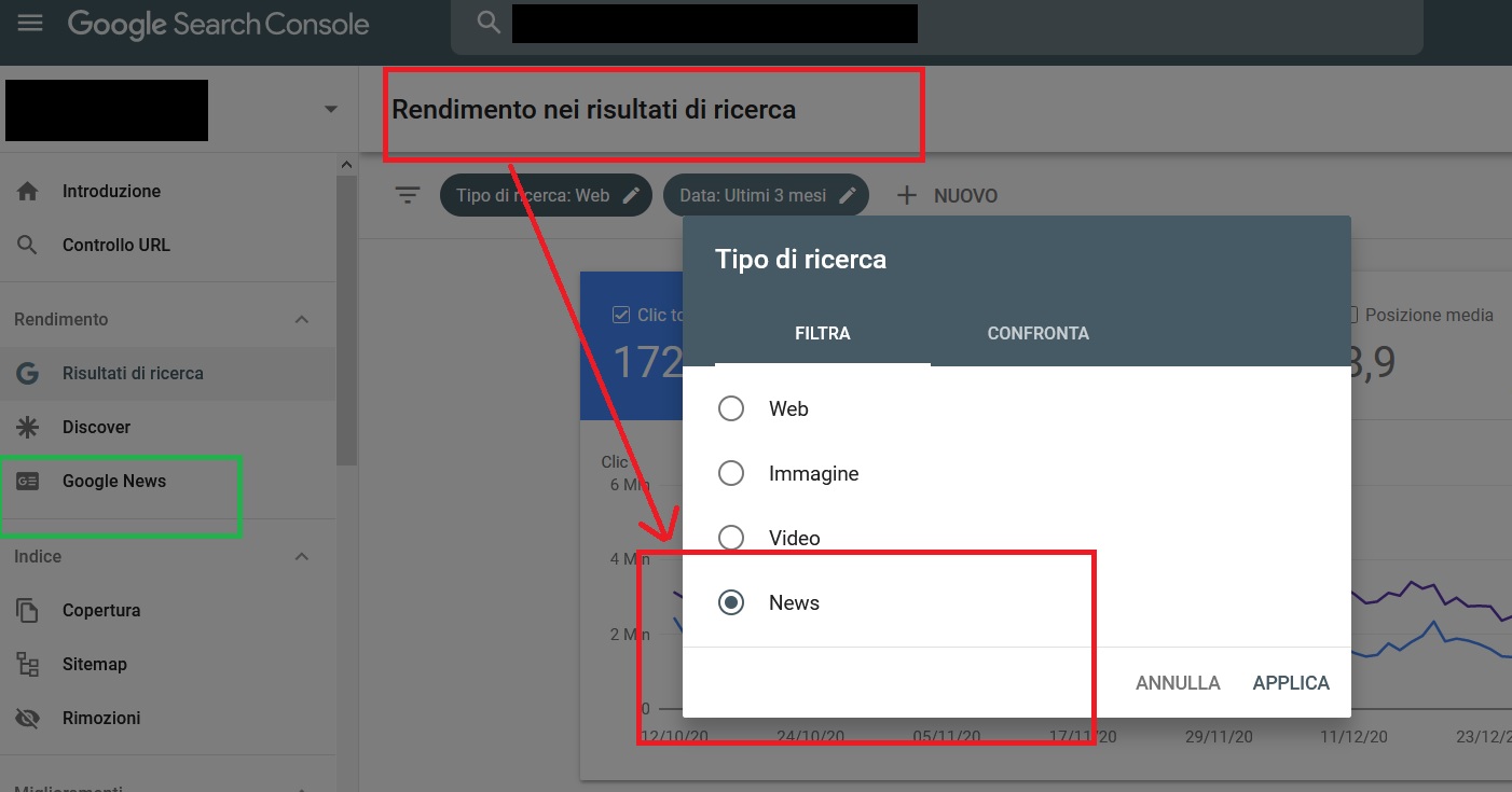 screenshot search console rendimento google news